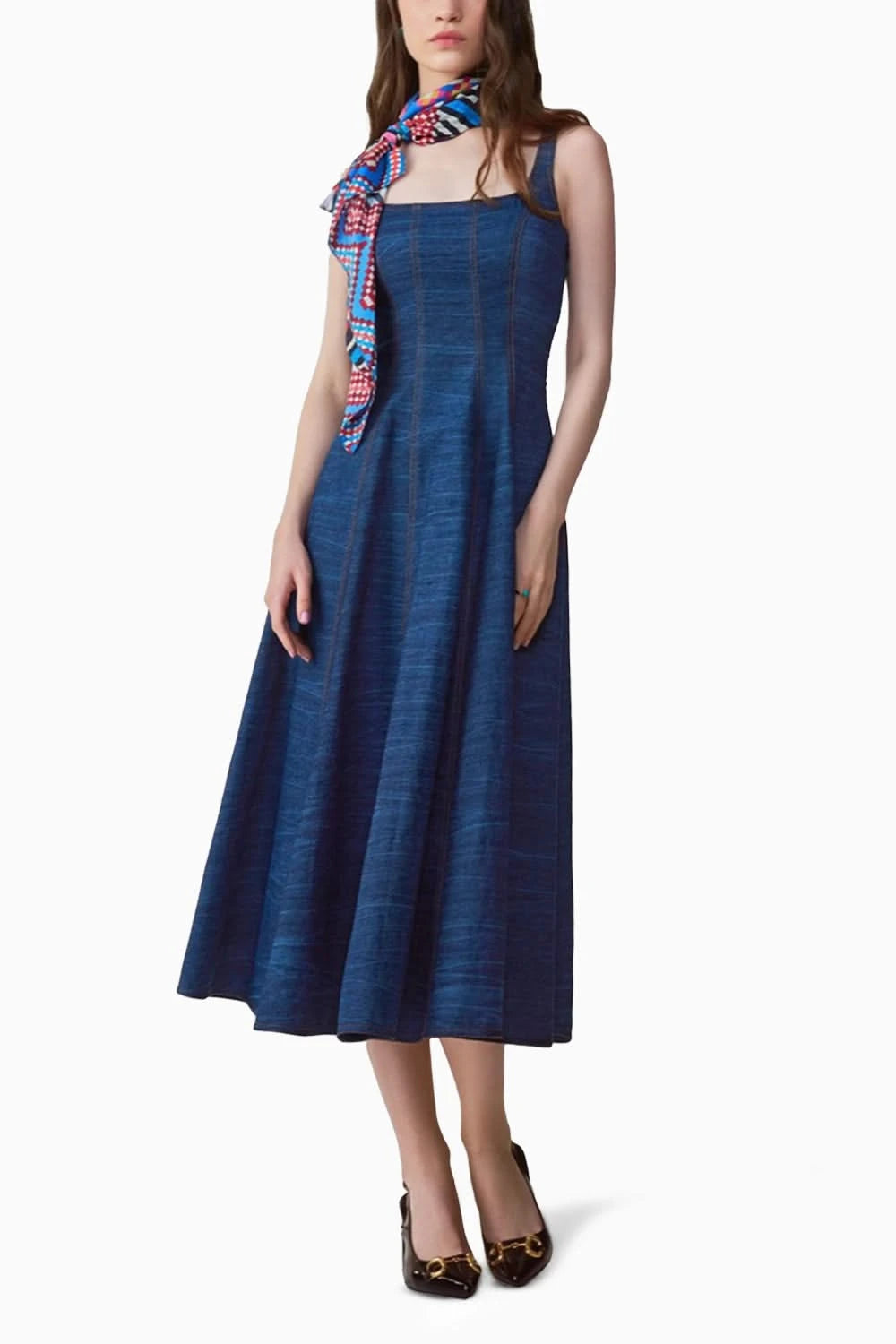 knee length dresses for ladies Joseph Ribkoff Denim Fit And Flare Midi Dress With Belt Style 262901 main image 0