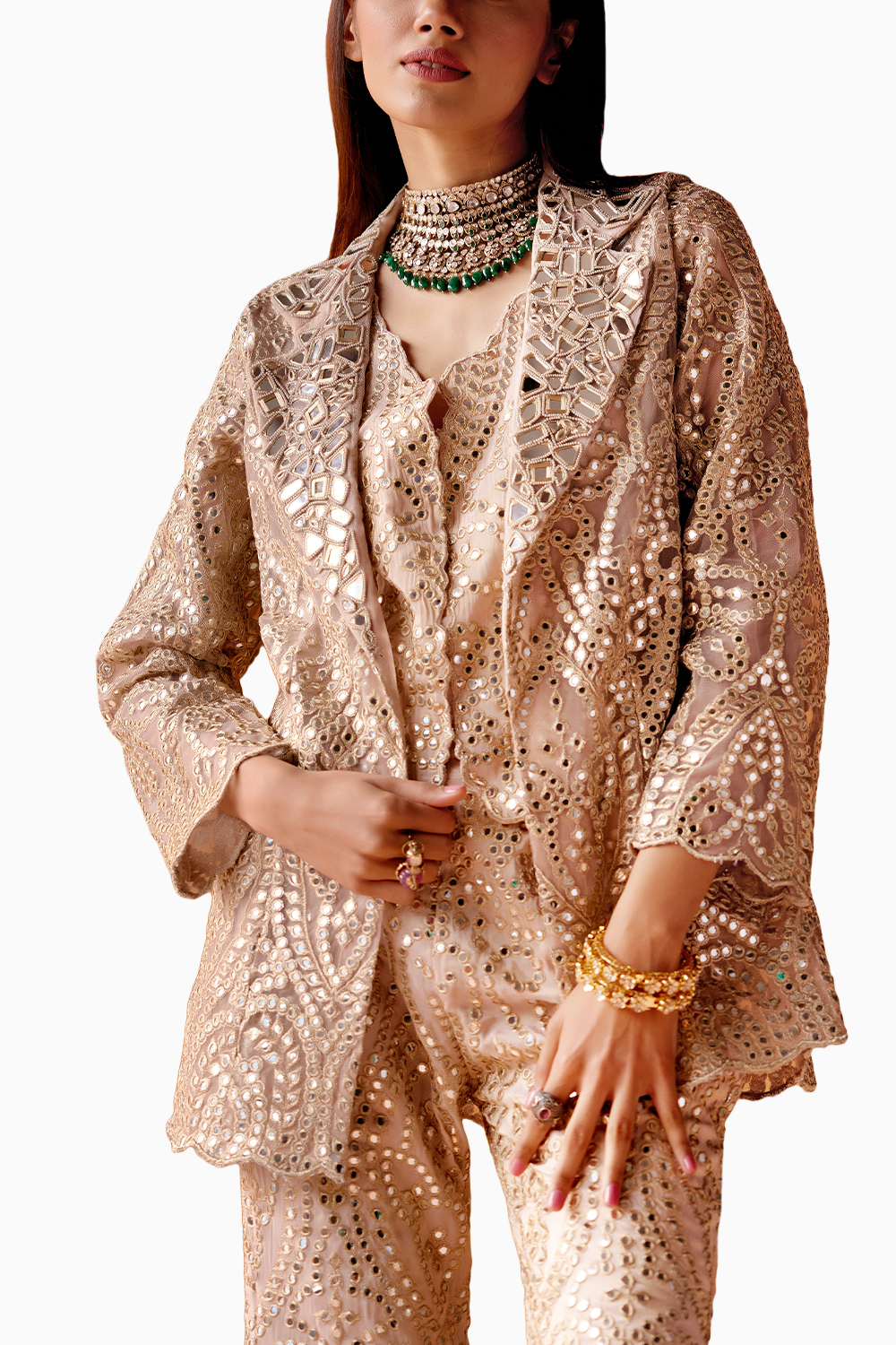 Blush Peach Mirrorwork Scallop Gilet with Scallop coat jacket and Bell Bottoms
