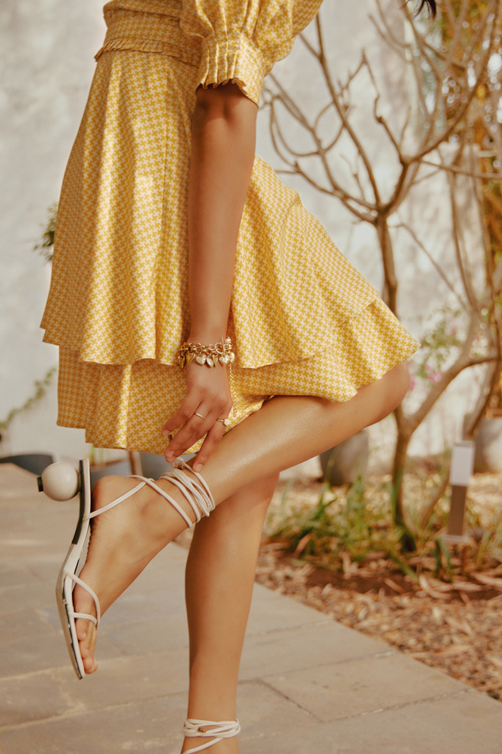 Sun-kissed Yellow Houndstooth Printed Tiered Mini Dress