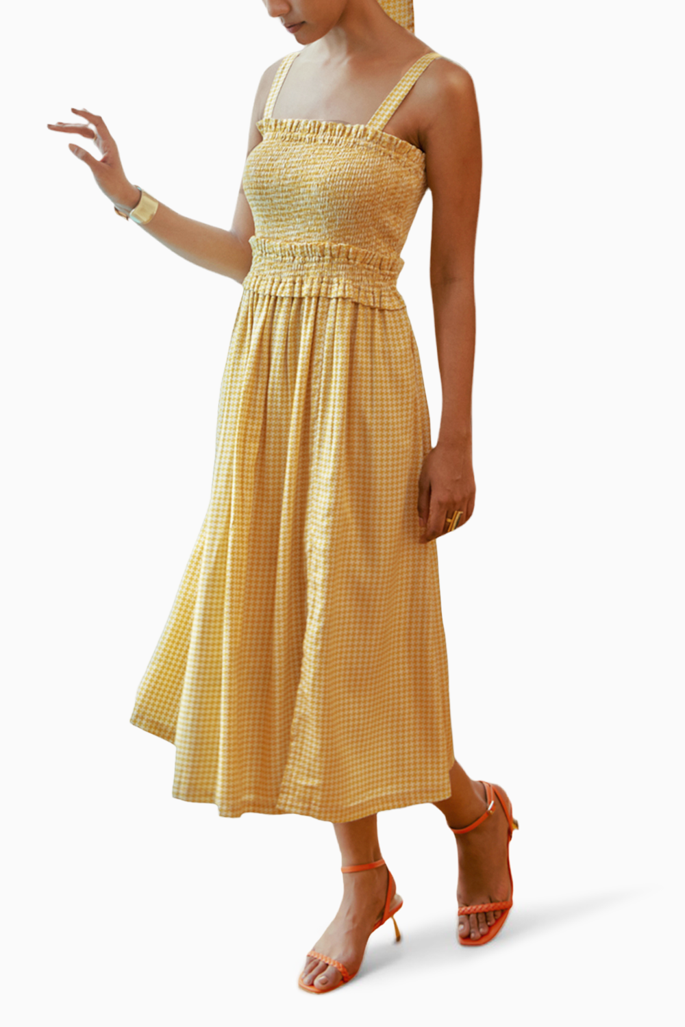 Sun-kissed Yellow Houndstooth Printed Smocked Midi Dress