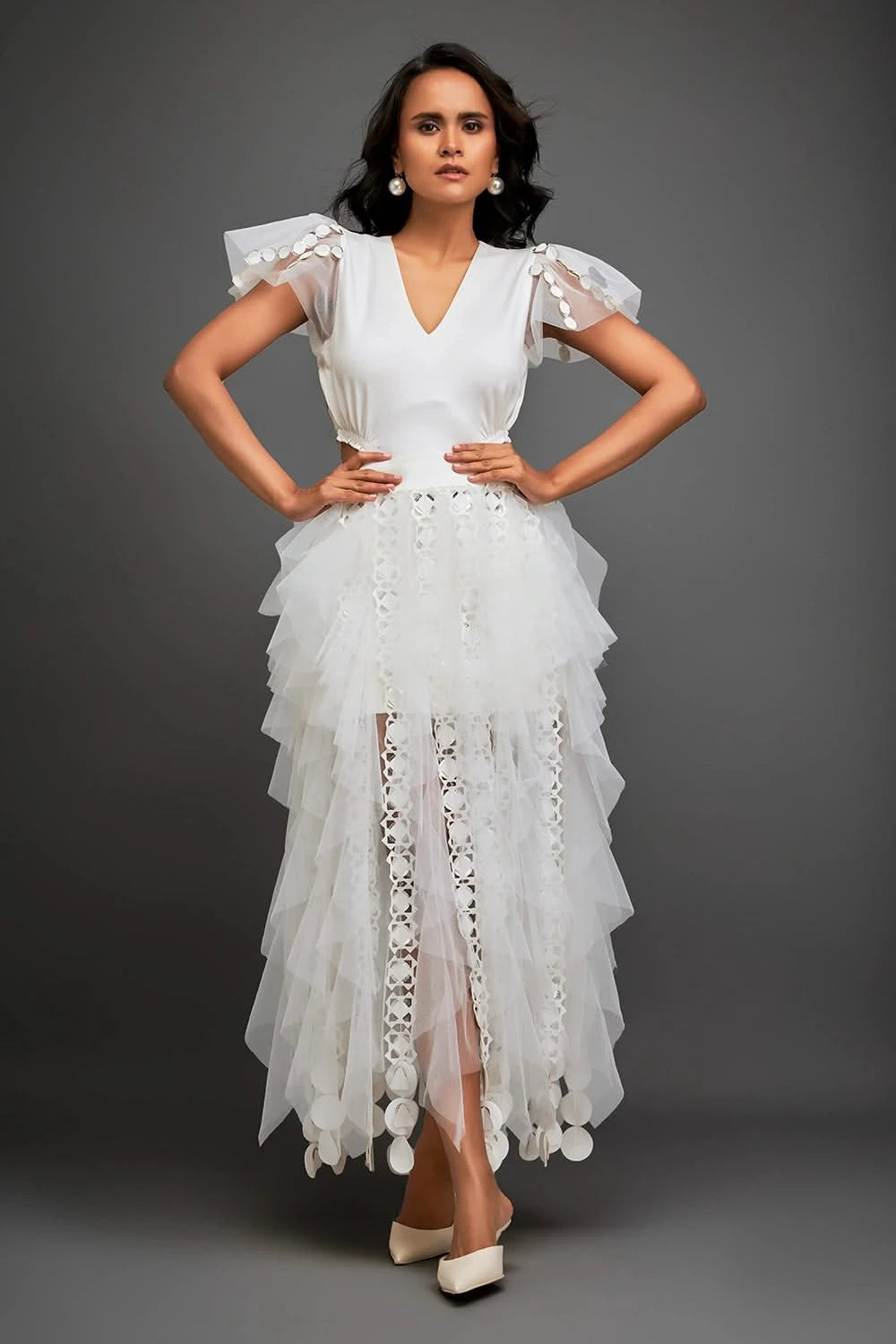 White Cascading Sheer Skirt With Cutwork — free download
