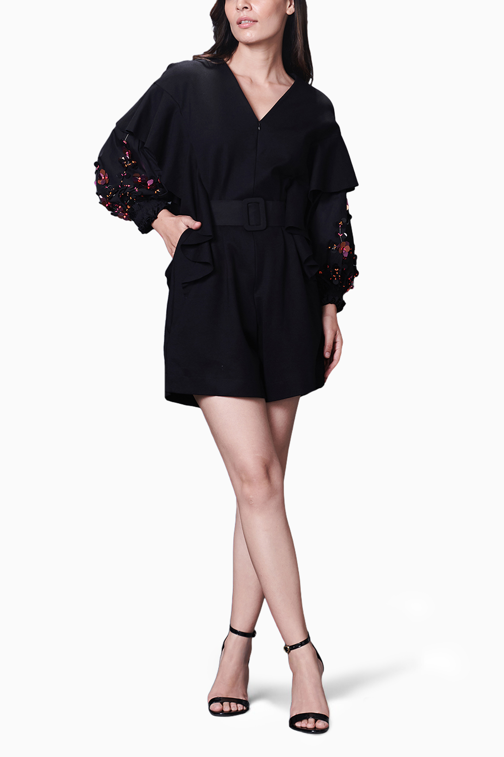 Black Playsuit With Hand Embroidered Sleeve & Belt