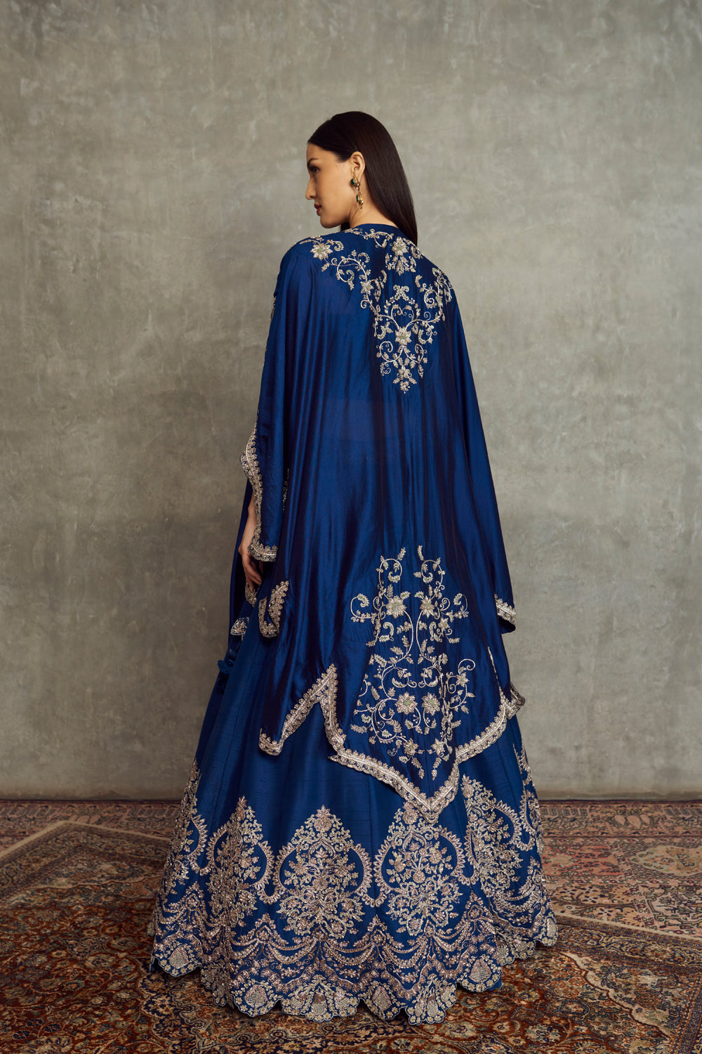 Navy Blue Embroidered Lehenga with Cape and Bandeau
