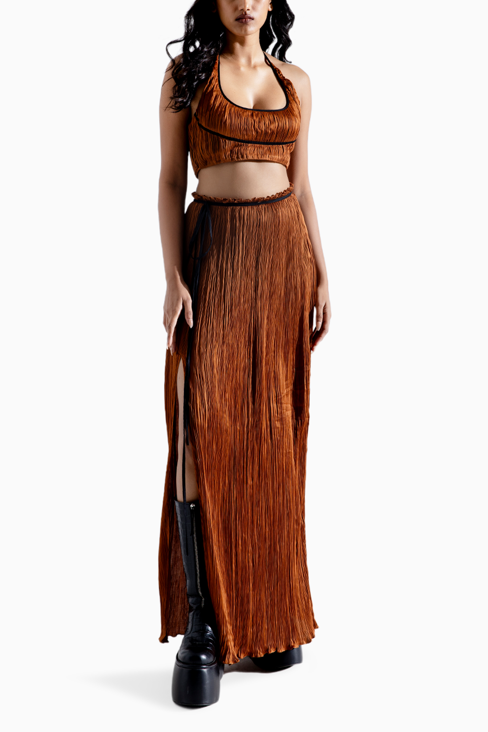 Bronze Ruched Crop Top and Skirt