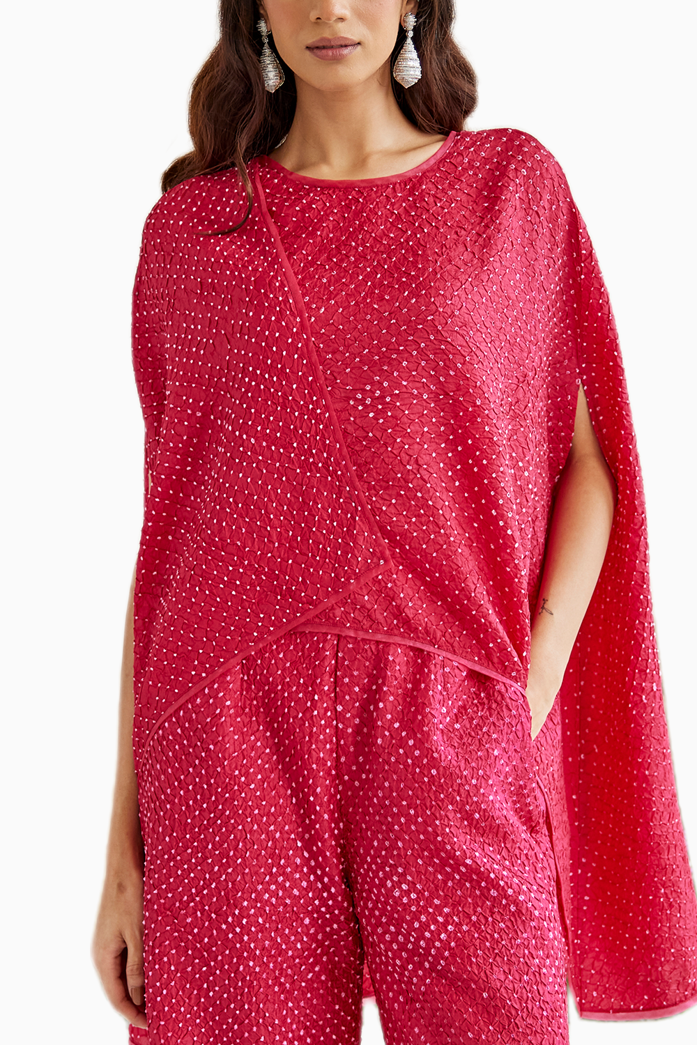 Pink Bandhani Wrap Over top with Slit Plazzos