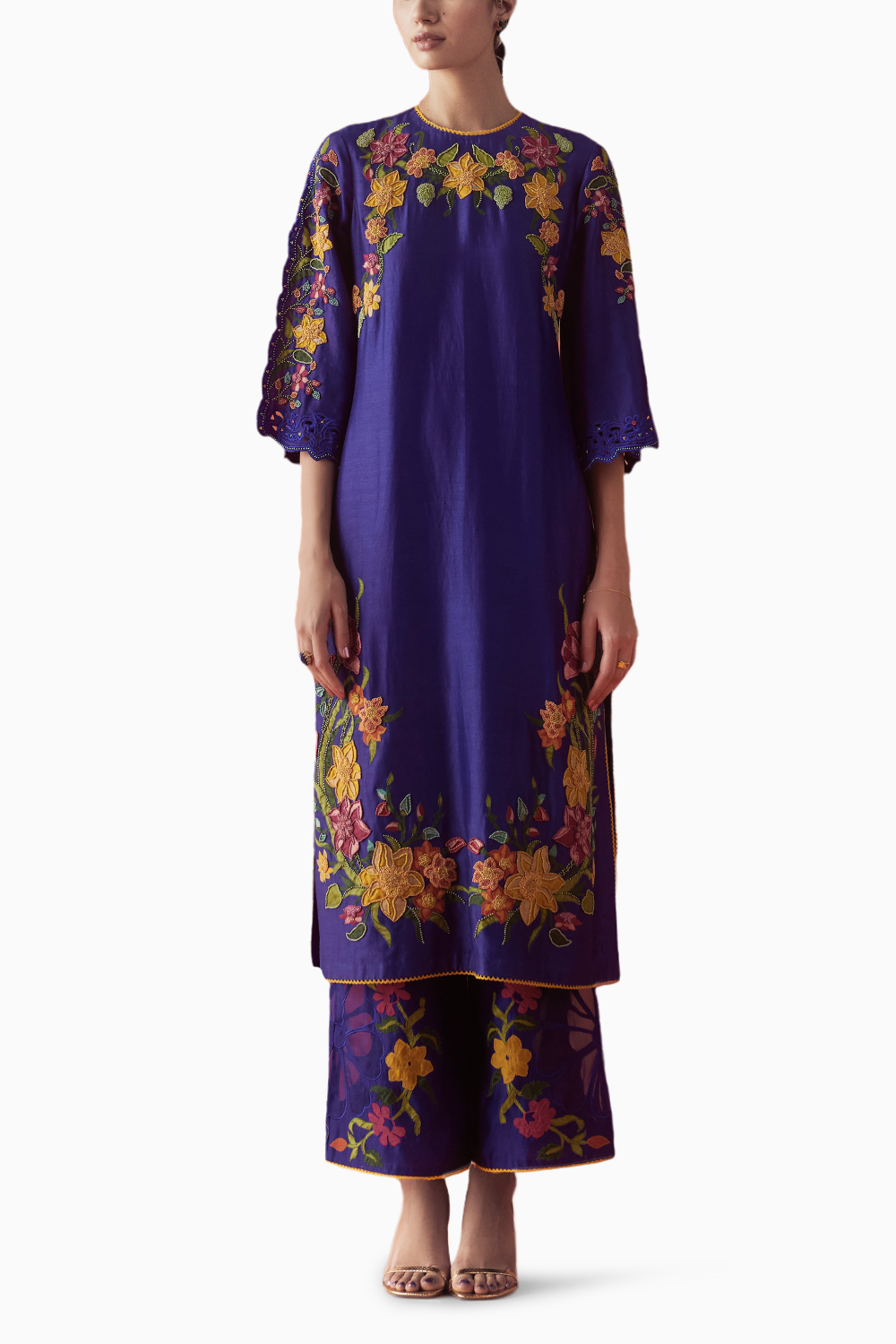 Blue Beadwork Embroidered Kurta In Textured Cotton main image 1
