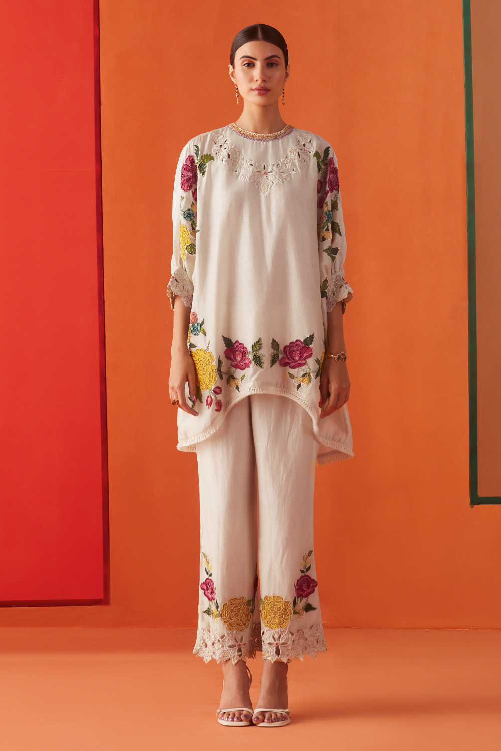 Ivory Floral Applique Tunic With Pants
