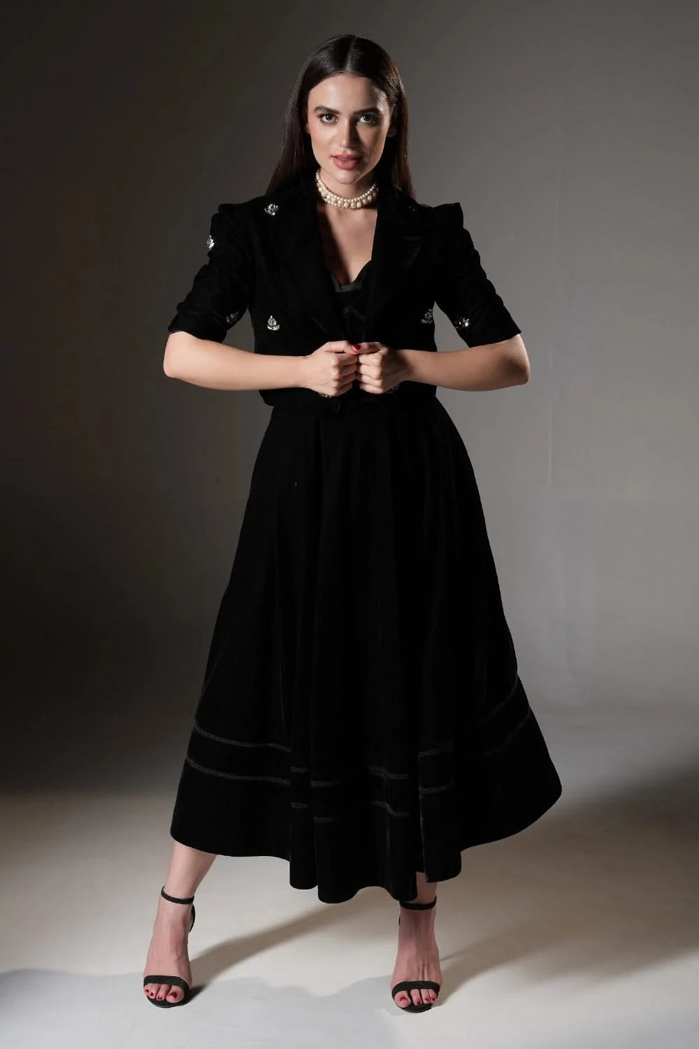 Black A-Line Midi Dress with Embellished Crop Blazer M Black A-Line Midi Dress with Embellished Crop Blazer M