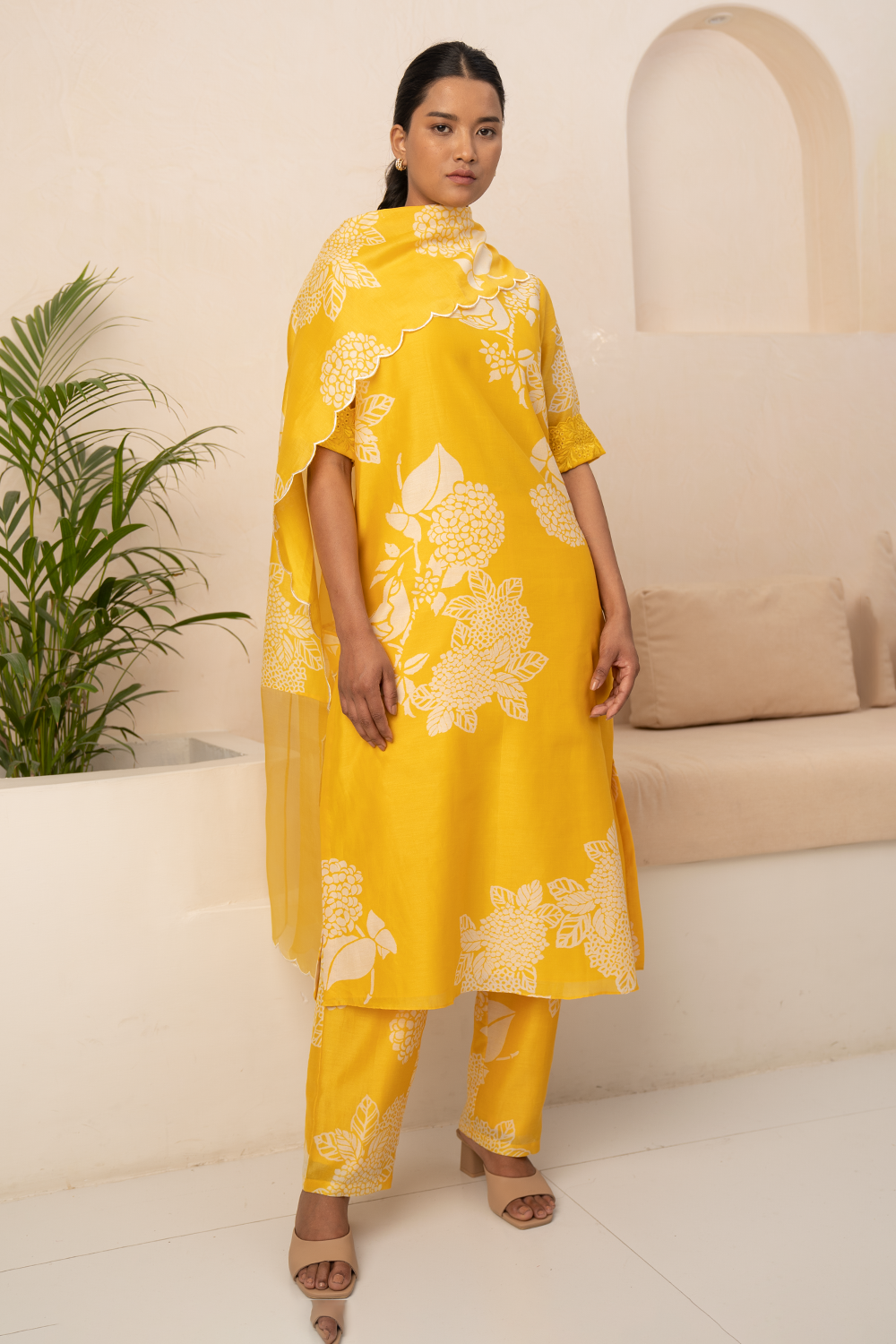 Yellow Floral Printed Tunic With Schiffli Sleeves And Pant With Dupatta