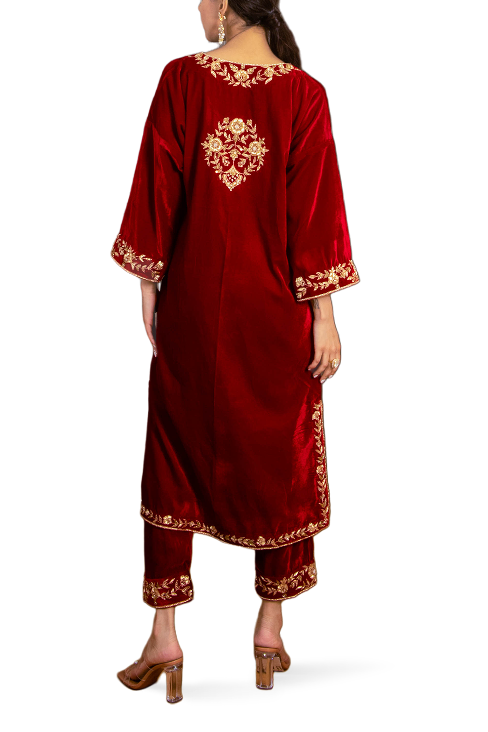 Red Silk Velvet Embroidered Kurta Set