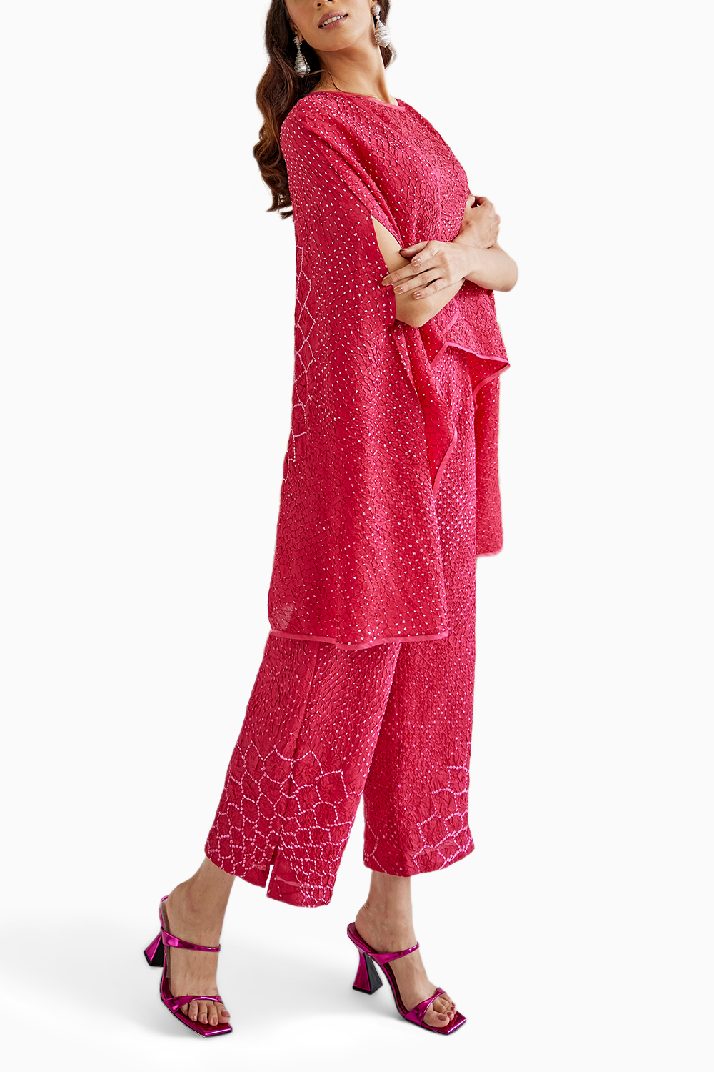 Pink Bandhani Wrap Over top with Slit Plazzos