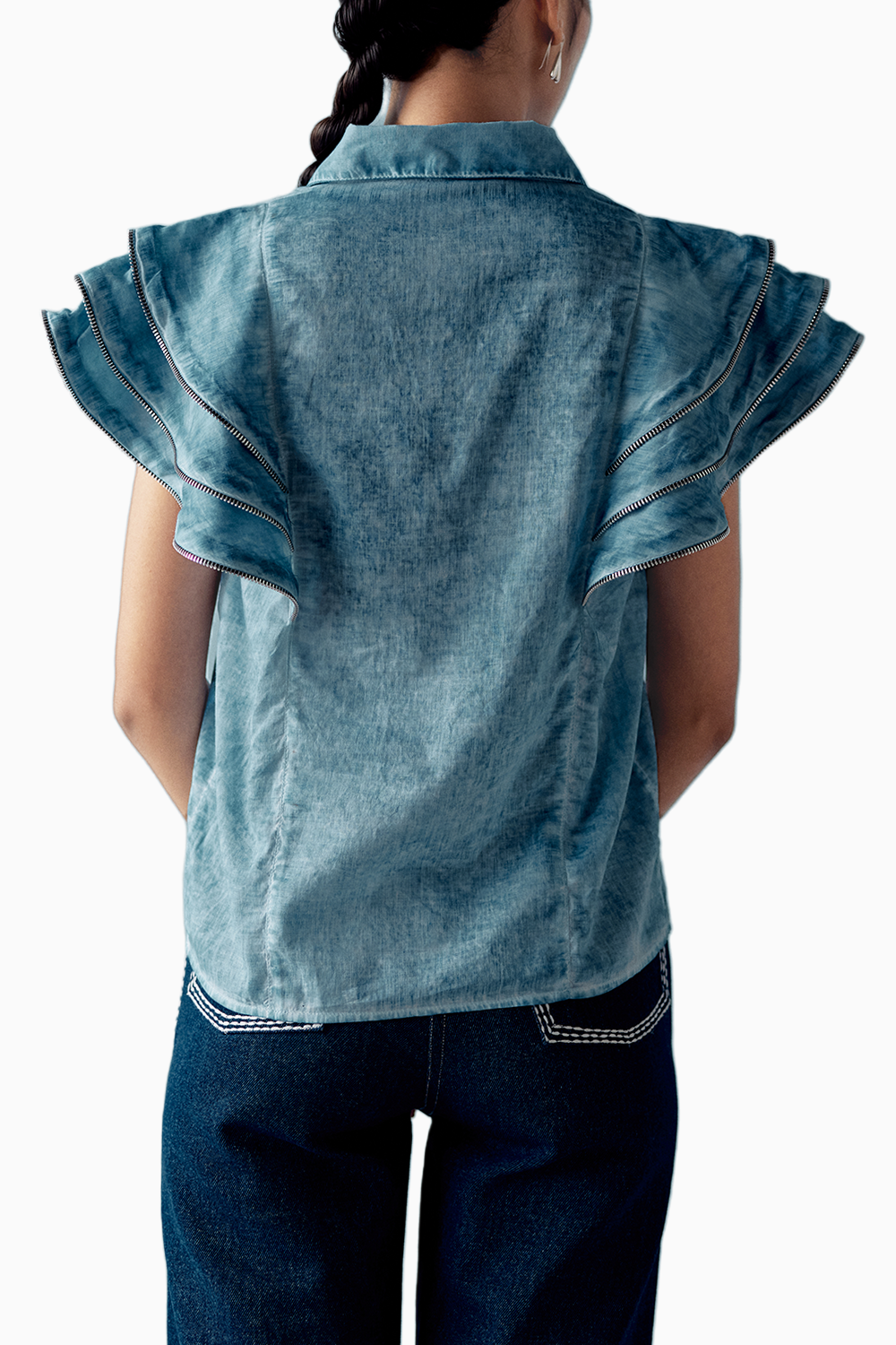 Overdyed Blue Zipper Frill Shirt
