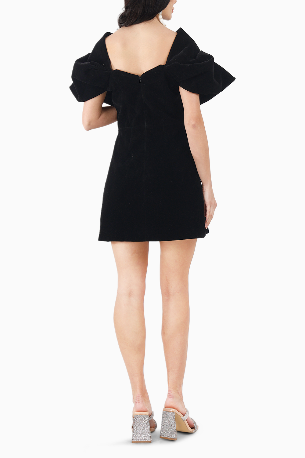 Black Velvet Exaggerated Shoulder Mini Dress