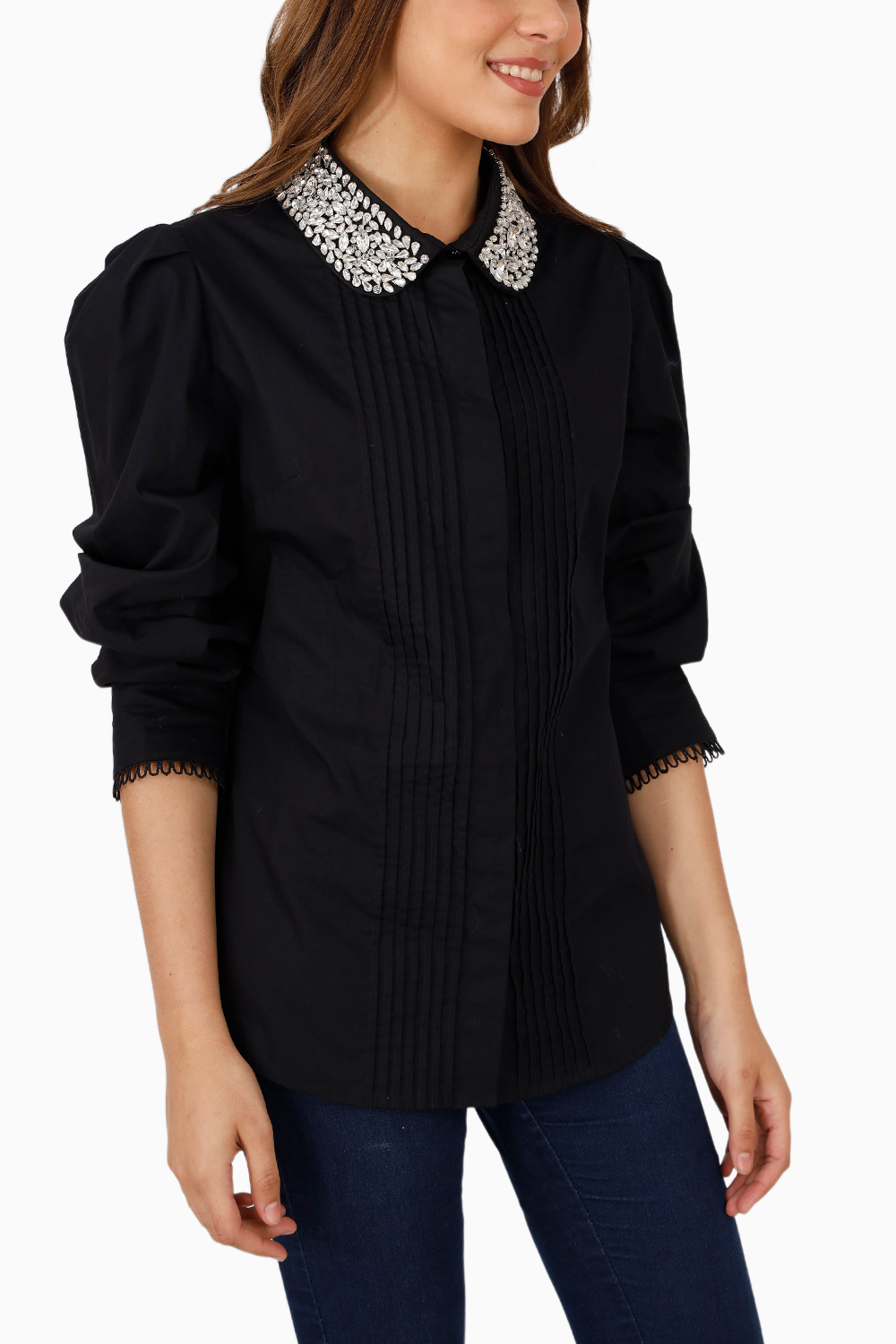 Black Pintucked Studded Collar Shirt