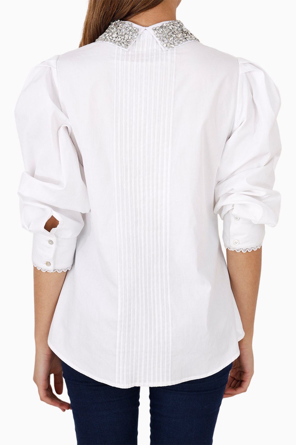 White Pintucked Studded Collar Shirt