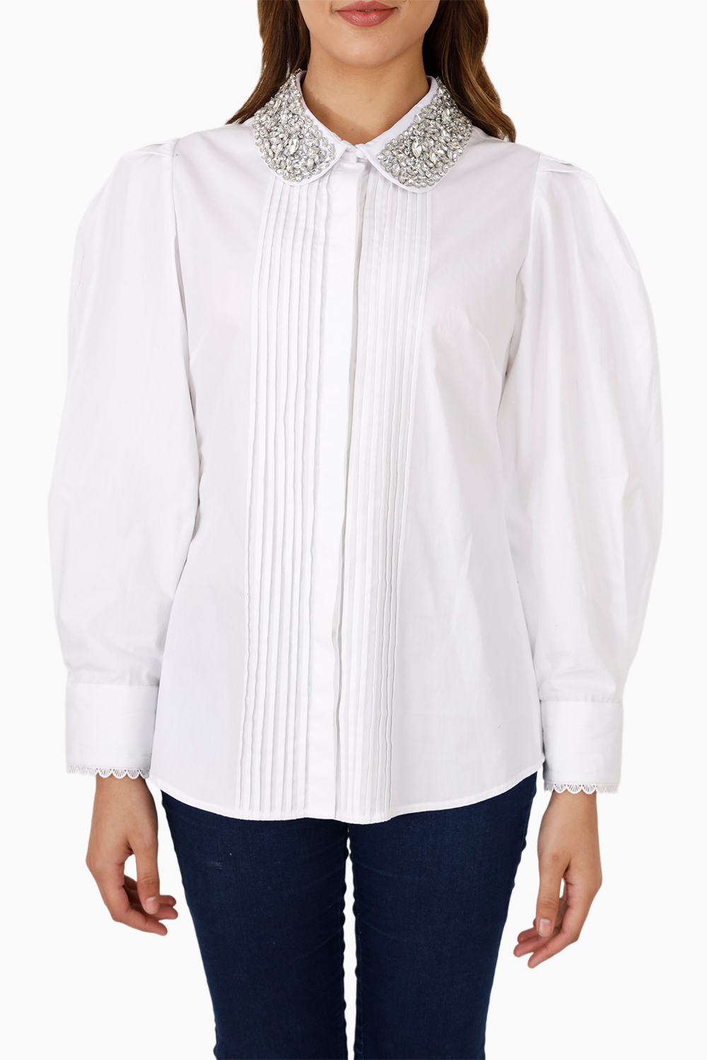 White Pintucked Studded Collar Shirt
