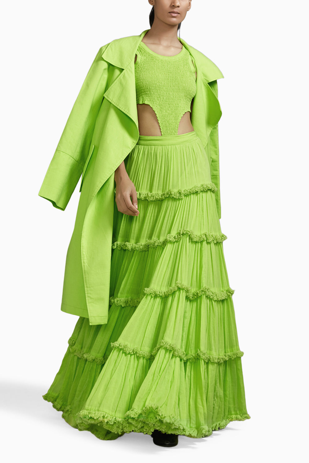 Neon Green Bodysuit-Lehenga-Jacket Set
