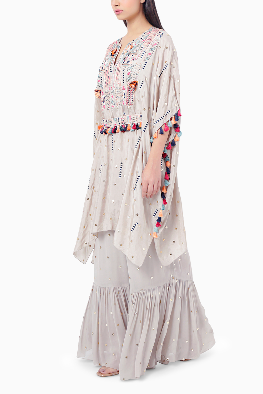 Meer Grey Embroidered Kaftan with Belt Palazzo