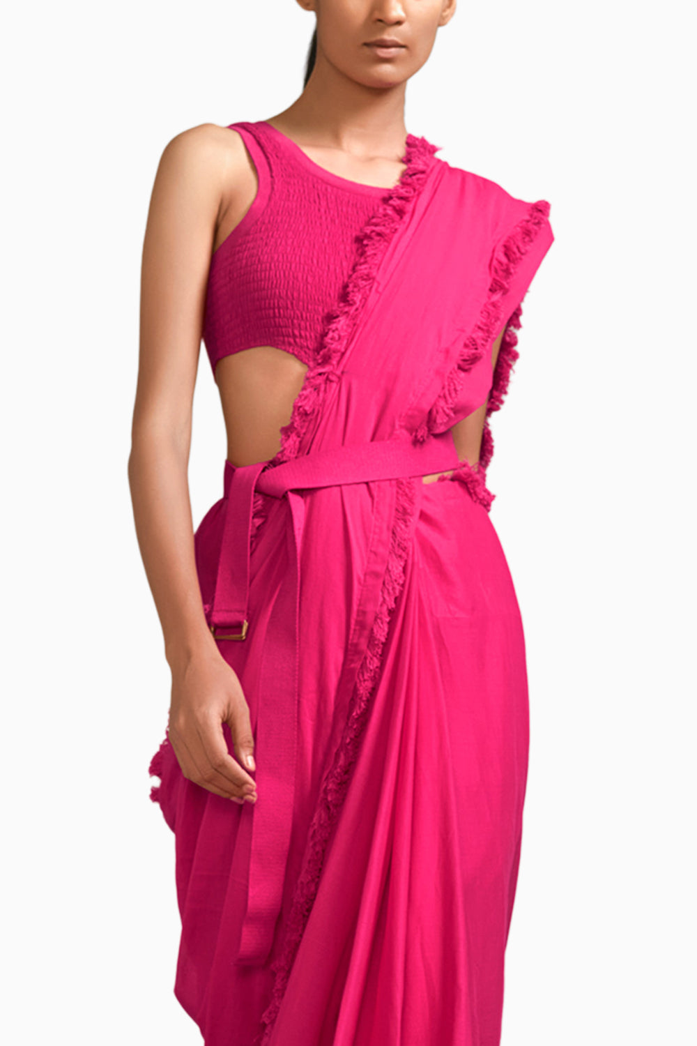 Pink Fringed Saree & Smocked Bodysuit Set