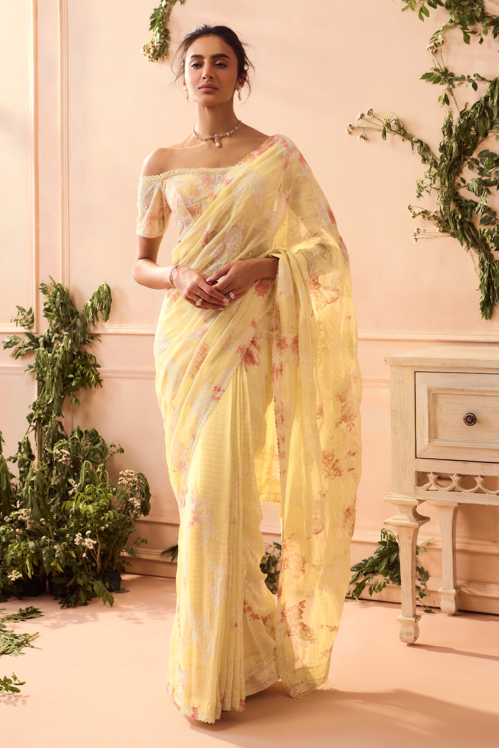 Yellow Chiffon Saree with Off Shoulder Blouse
