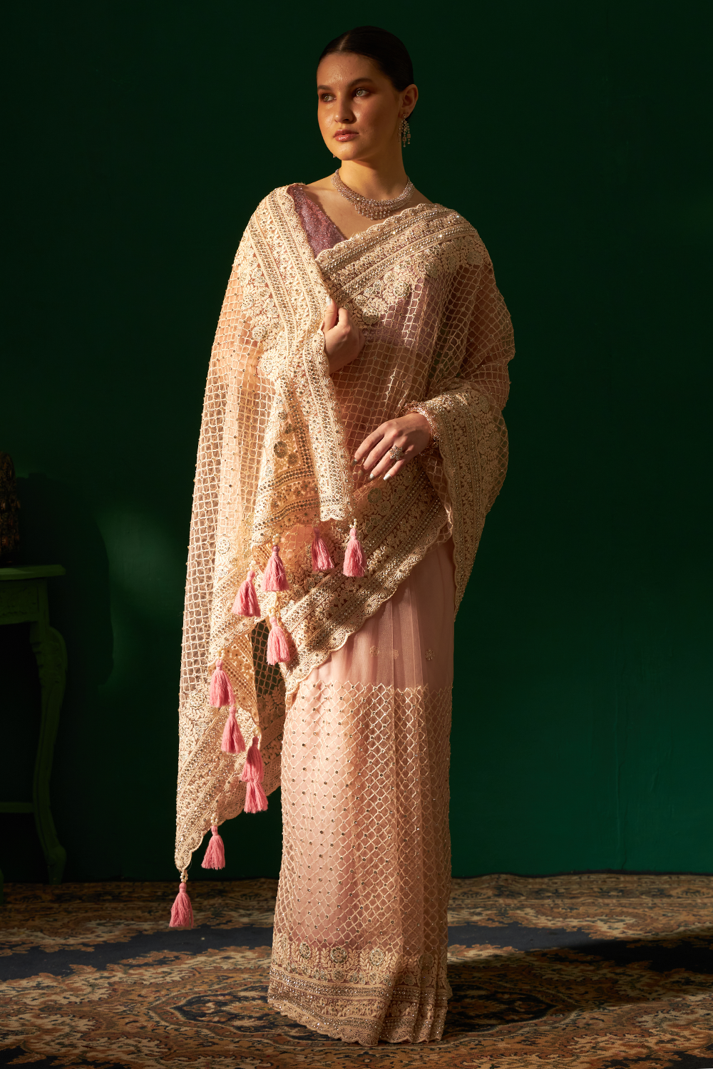 Baby Pink Saree with Swaroski Crystal Embroidery