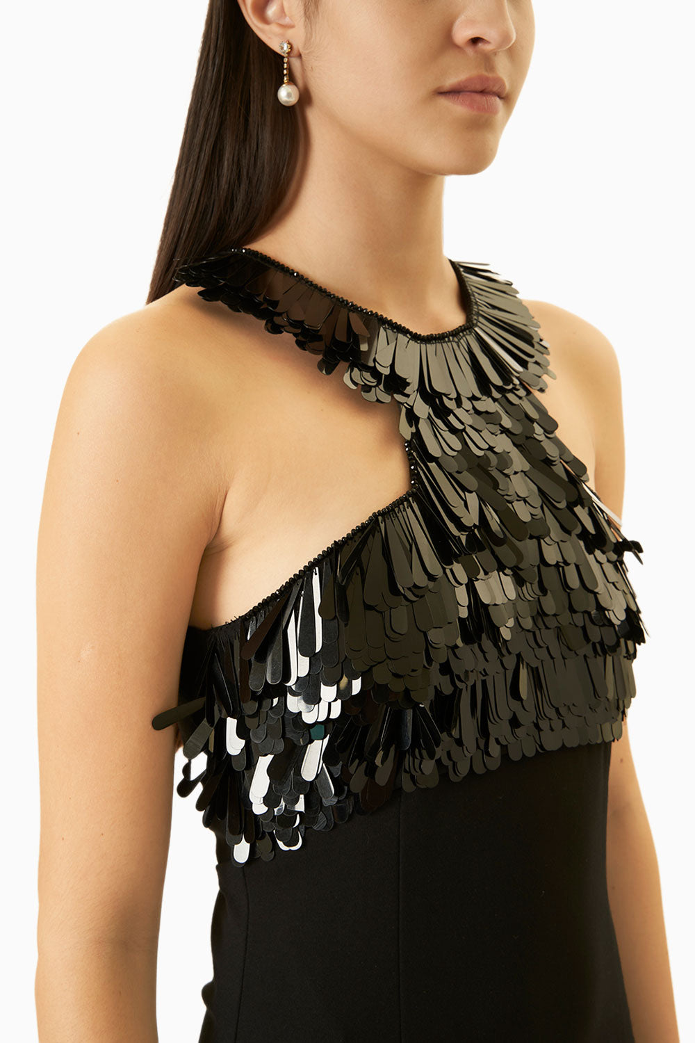 Black Halter Lycra Dress With Metallic Embellishments