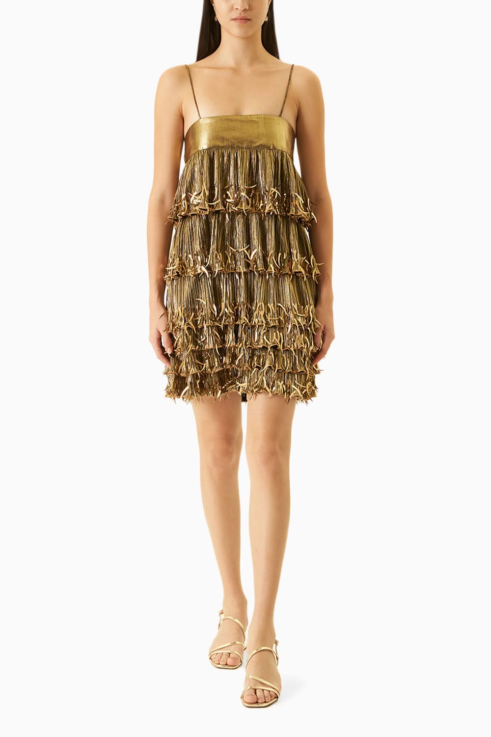Gold Pleated Foil Dress With Embellishments M Gold Pleated Foil Dress With Embellishments M
