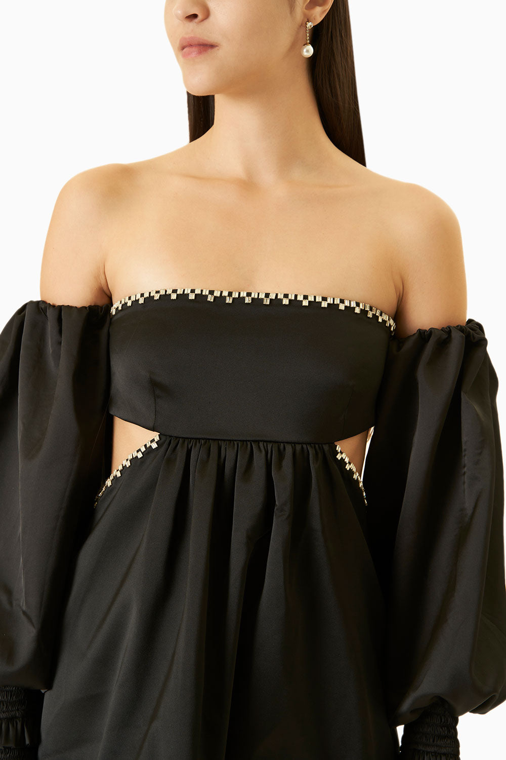 Black Satin Off-Shoulder Dress