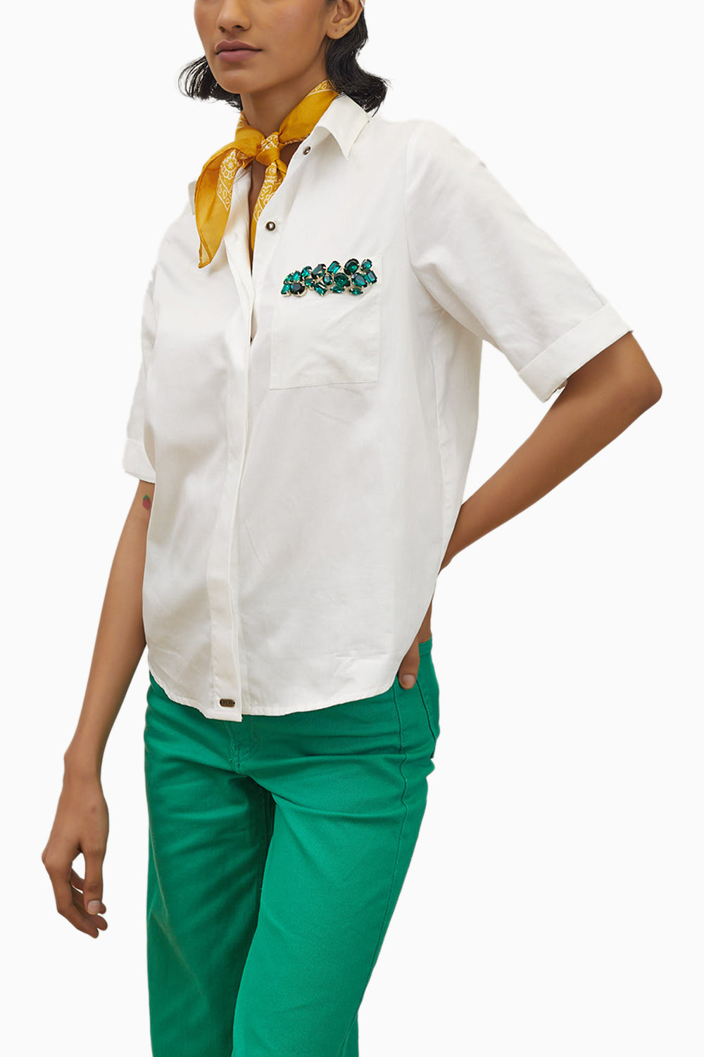 White Emerald Pocket Swarovski Shirt