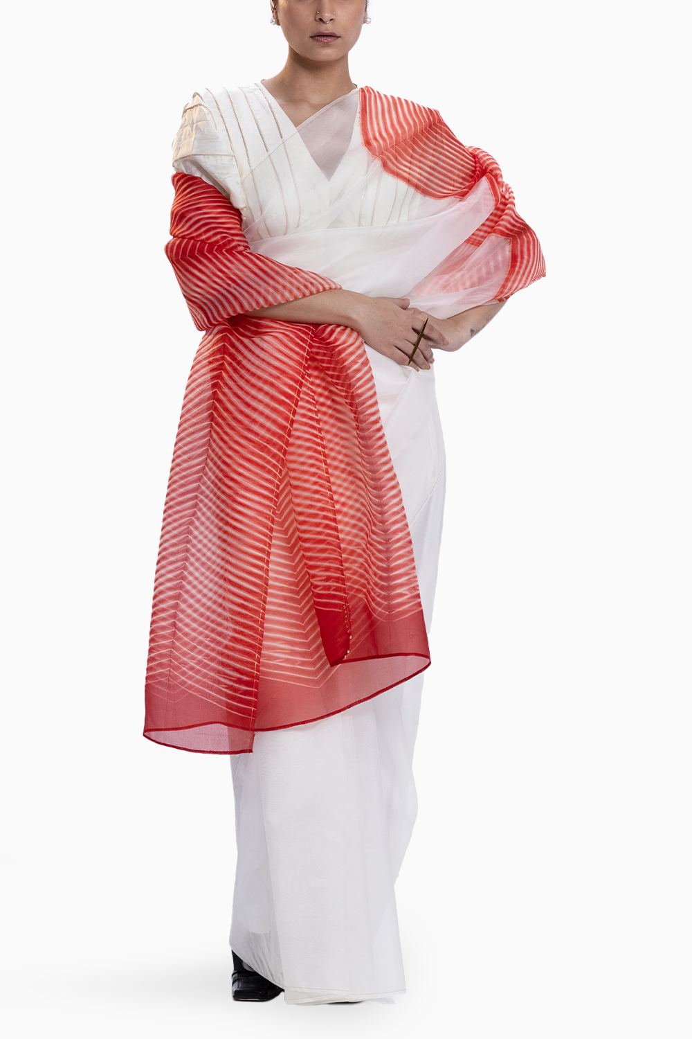 Ivory and Red Shore Saree