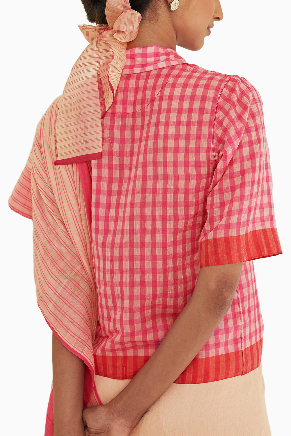 Gingham Pink Fine Silk Khadi Shirt Blouse