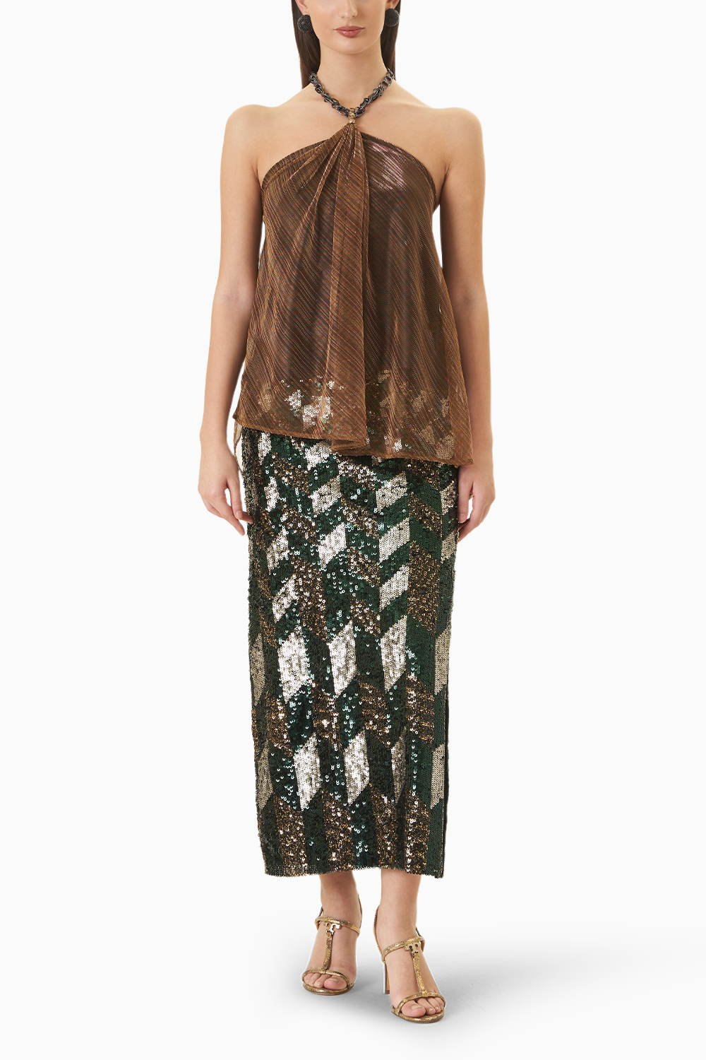 Jewel Tone Drape & Chain Lamé Top and Sequin Skirt