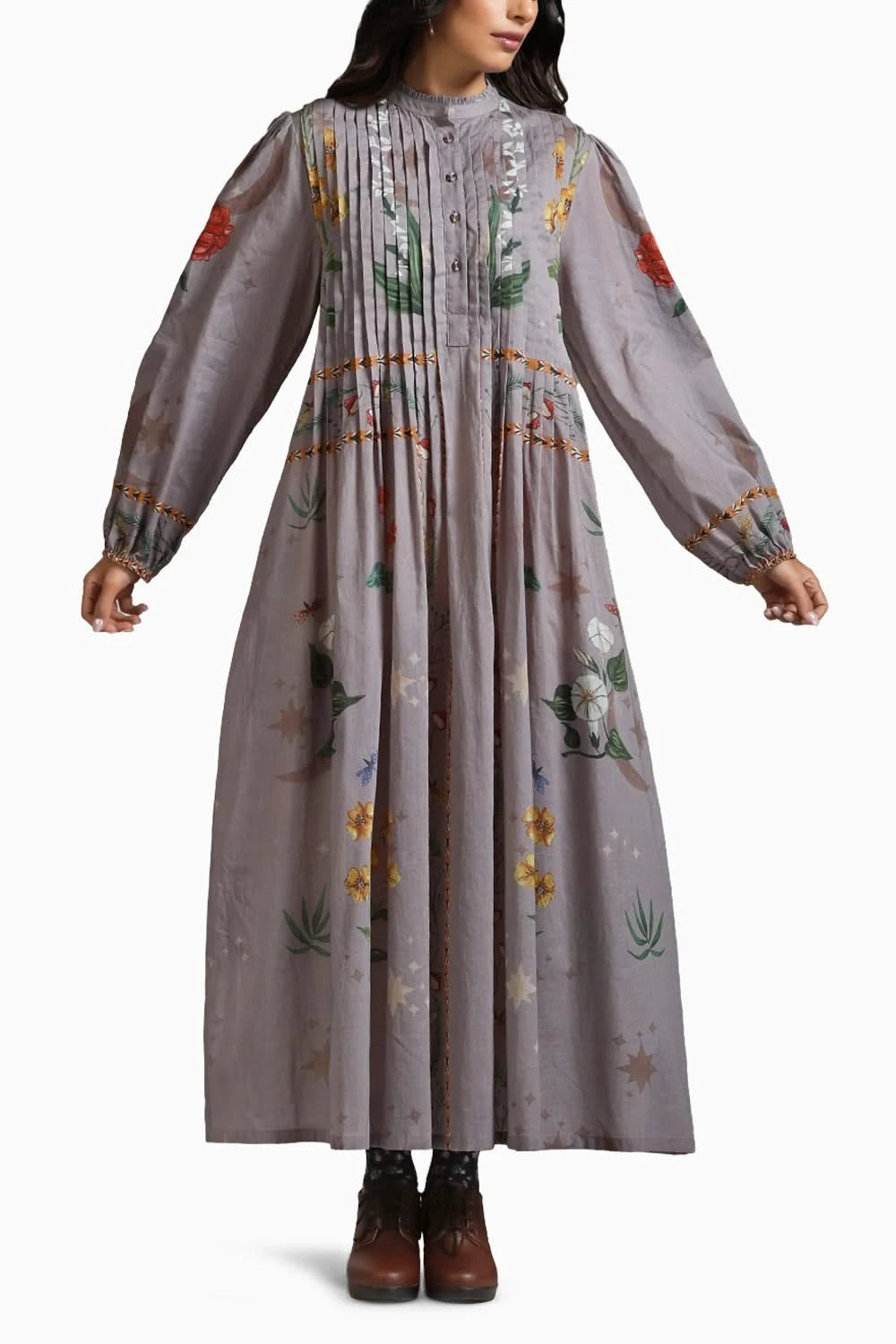Flowy Pleated V-neck Floor-length Dress With Slit Lavender