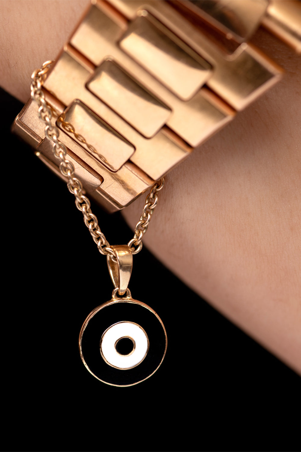 Black & White Enamel Chain Watch 14KT Gold Charm