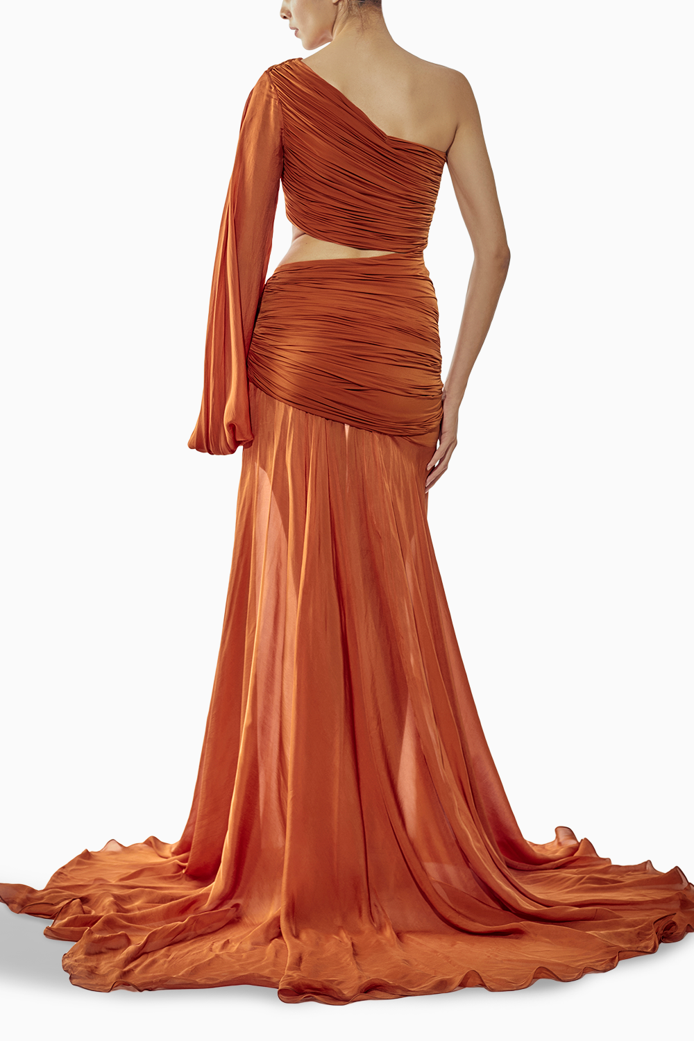 Rust Malai Lycra Chiffon One-Shoulder Gown