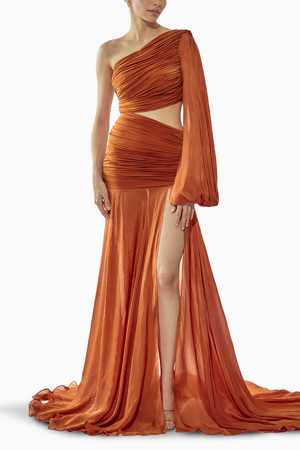 Rust Malai Lycra Chiffon One-Shoulder Gown