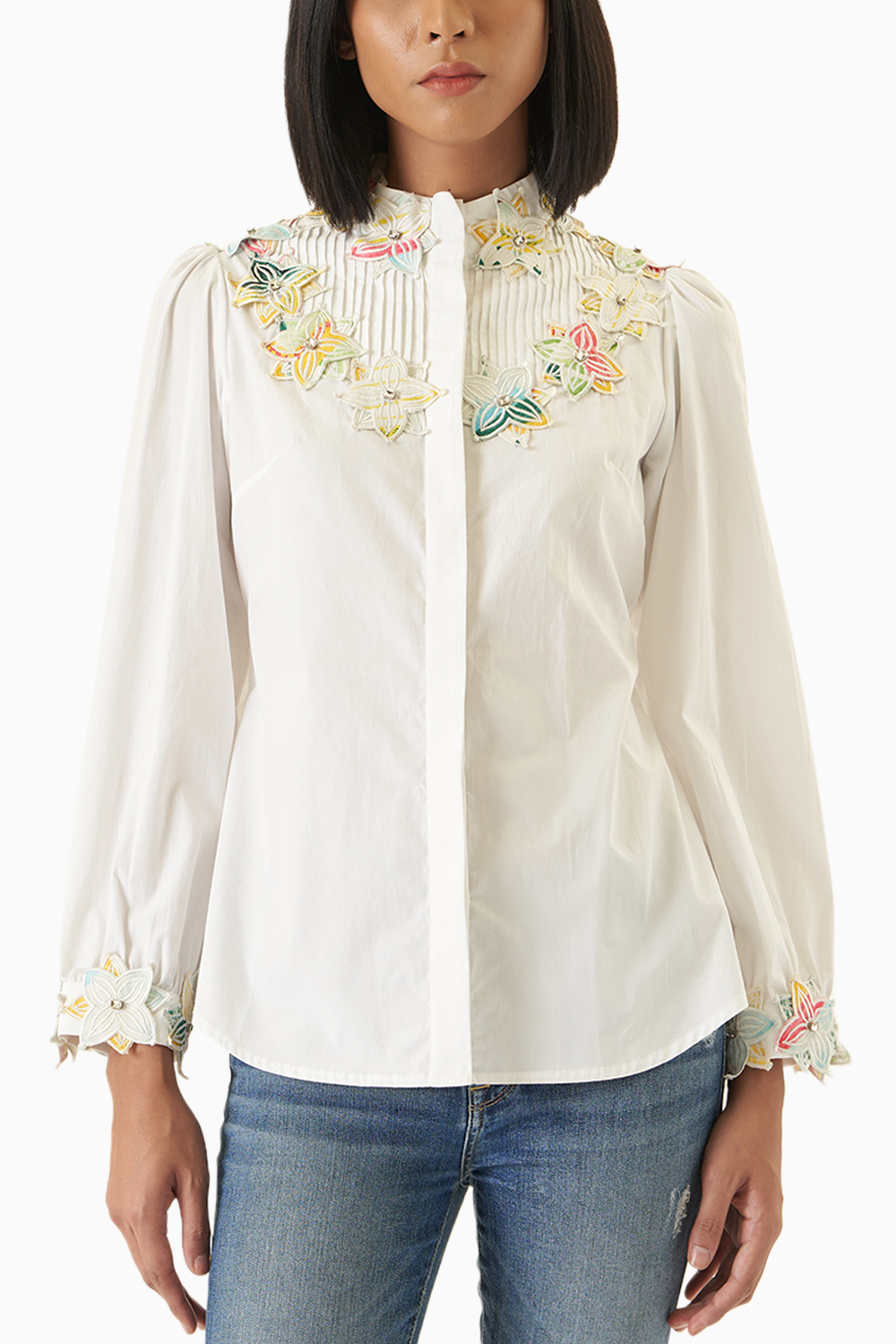 White Pintucked Shirt with Applique Collar