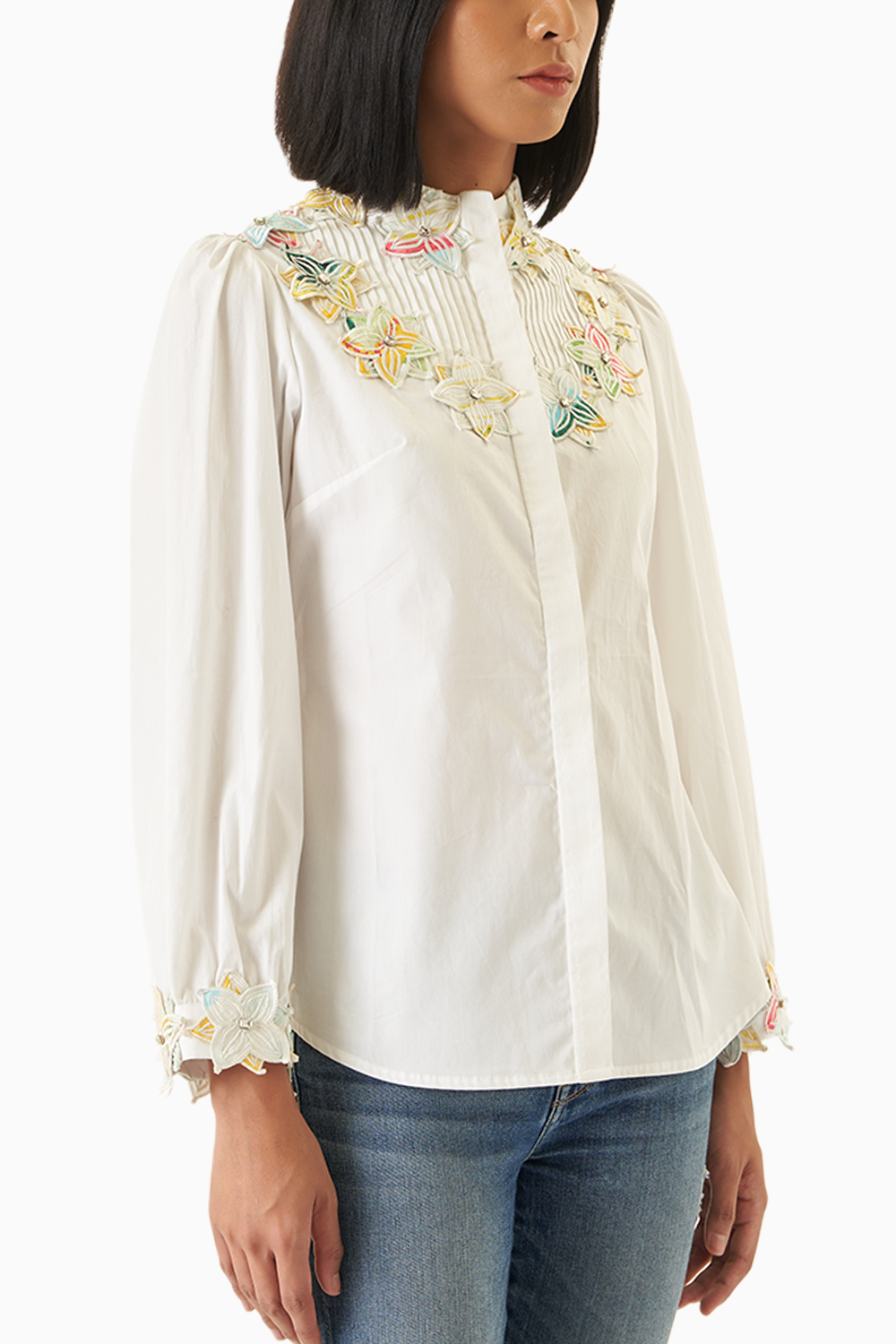 White Pintucked Shirt with Applique Collar