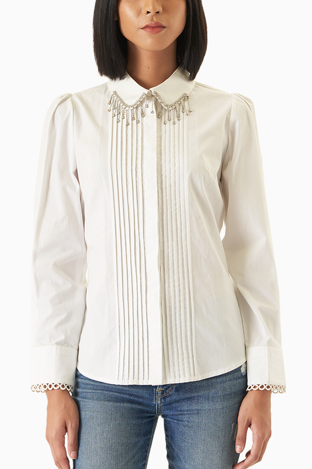 White Pintucked Shirt with Embellished Collar