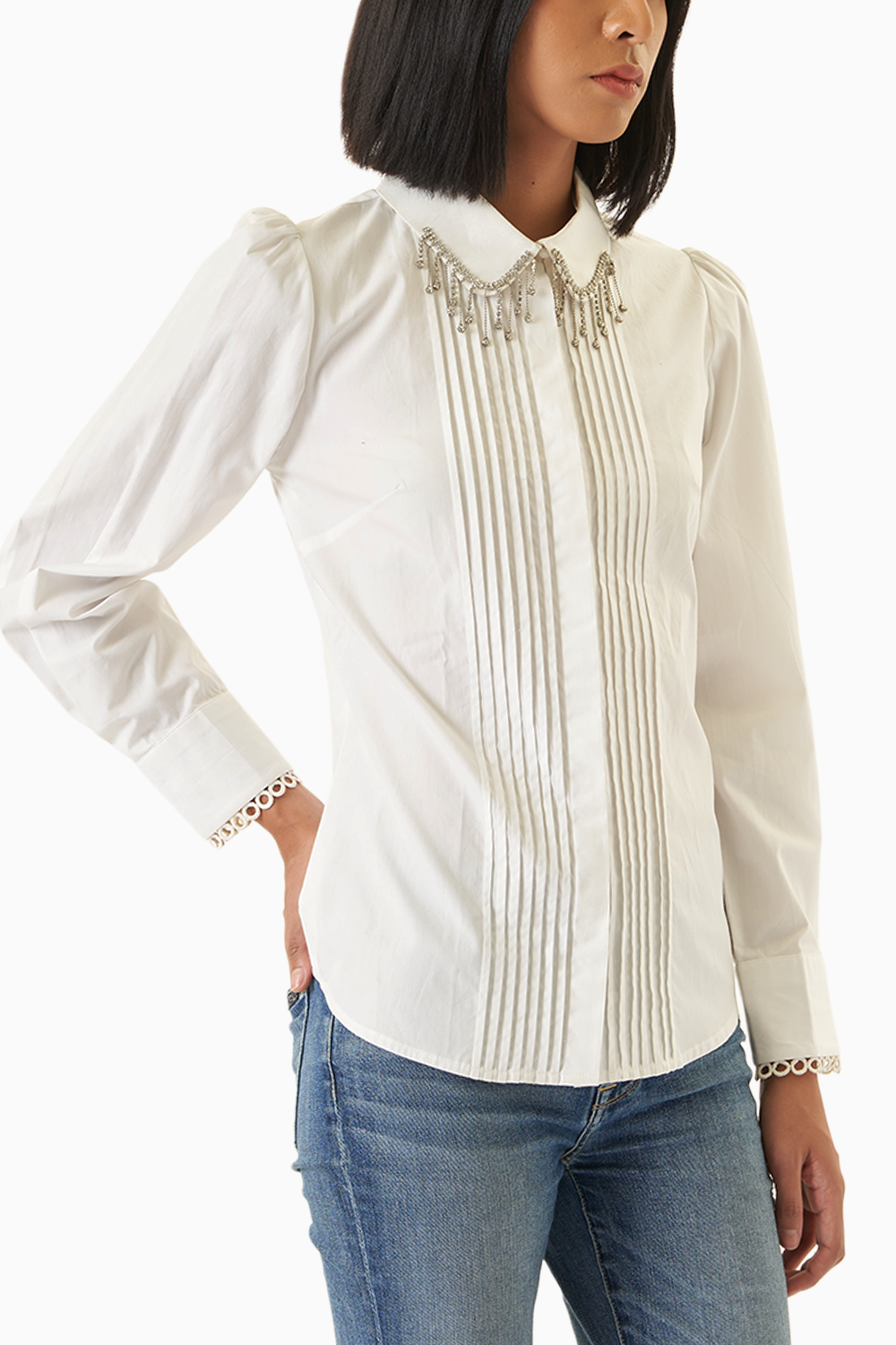 White Pintucked Shirt with Embellished Collar