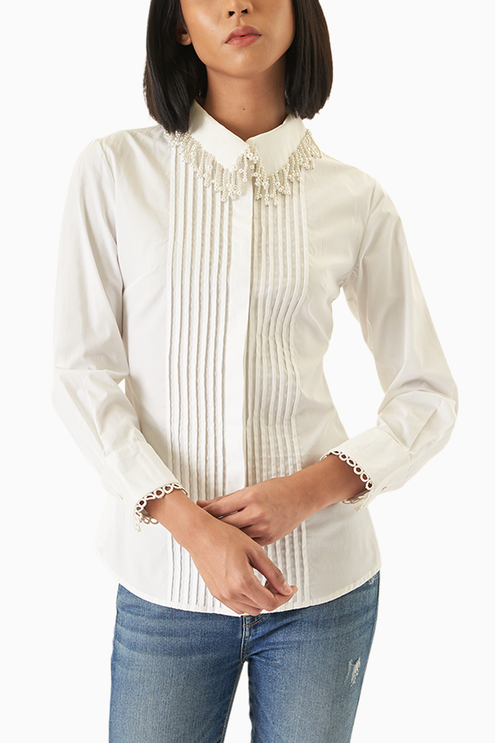 White Pintucked Shirt with Pearl Embellished Collar