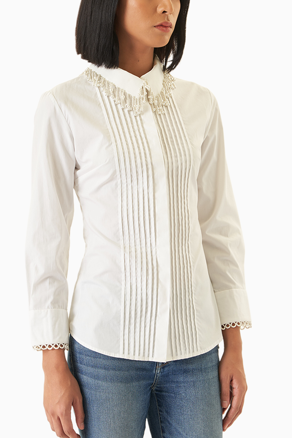 White Pintucked Shirt with Pearl Embellished Collar