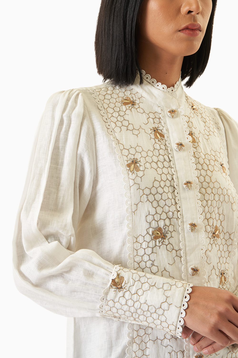 White Linen Shirt with Honeycomb Embroidery