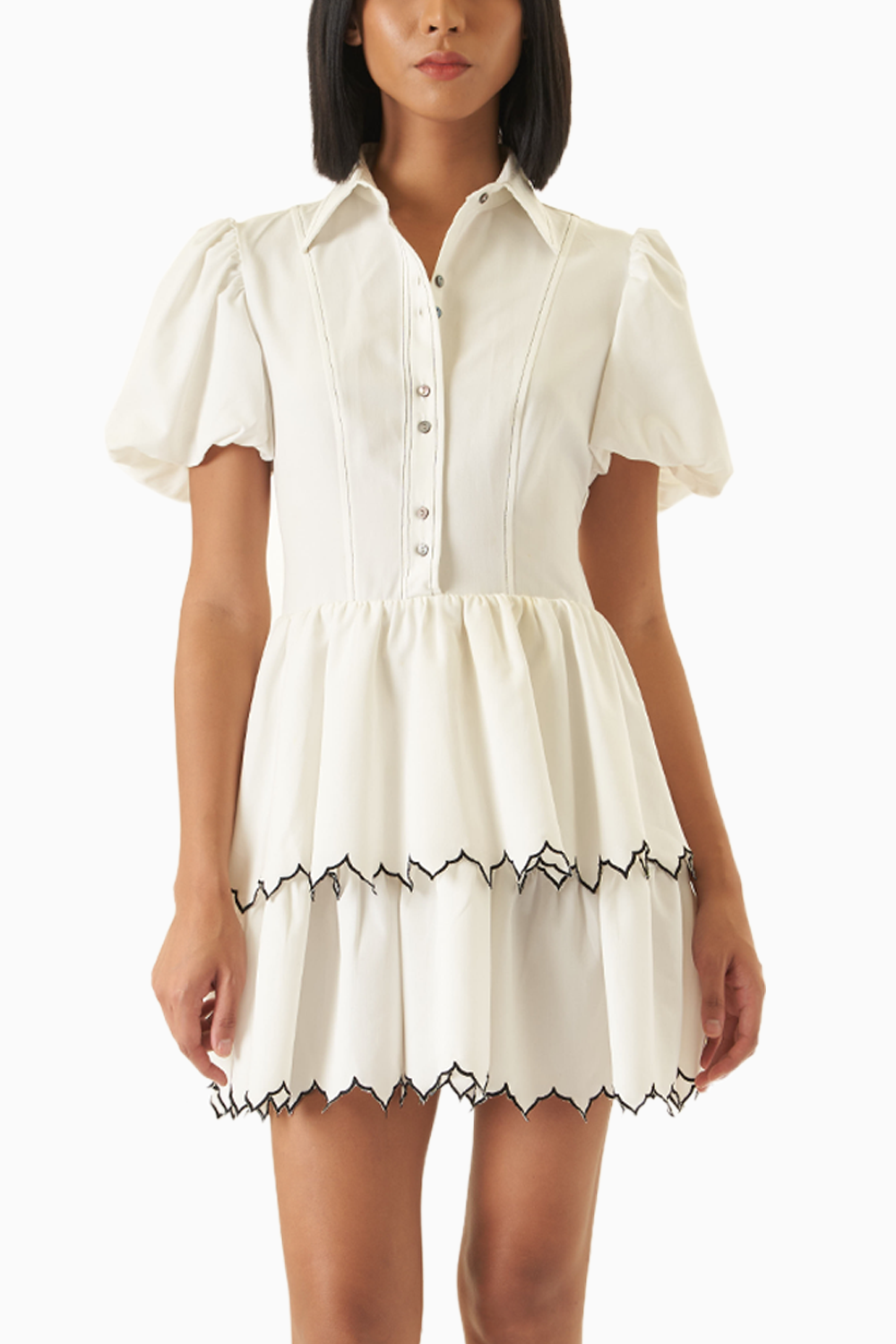 White Twin Tier Edgy Scallop Mini Dress