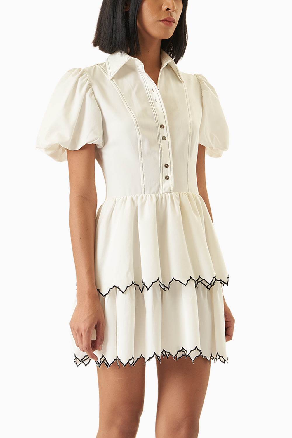 White Twin Tier Edgy Scallop Mini Dress