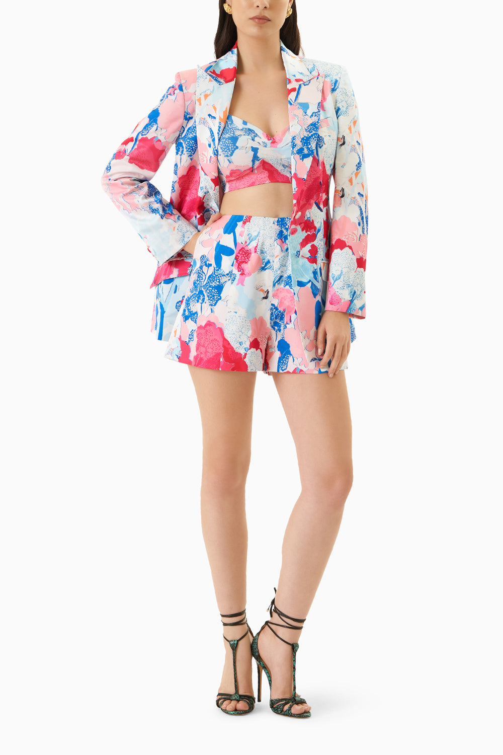 Printed Satin Jacket With Shorts And Bustier