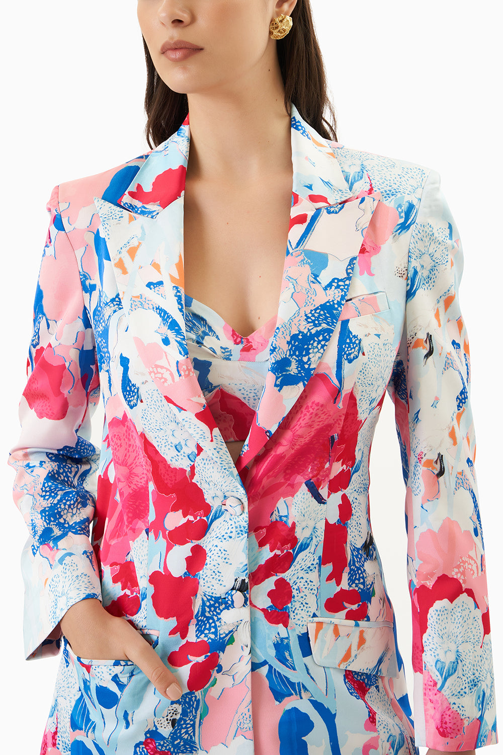 Printed Satin Jacket With Shorts And Bustier