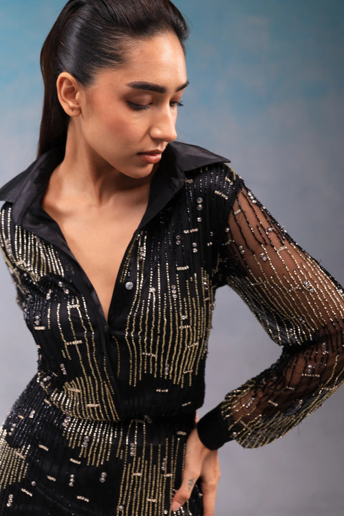 Black and Gold Broken Line Shirt Dress