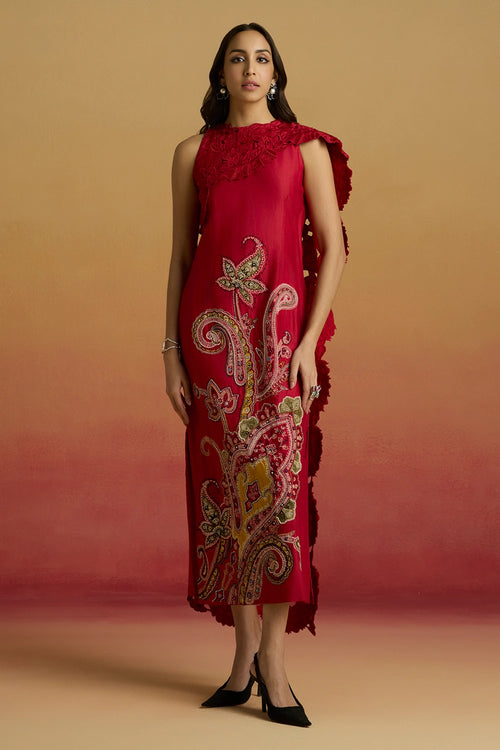 Red Drape Detail Straight Amaryllis Dress