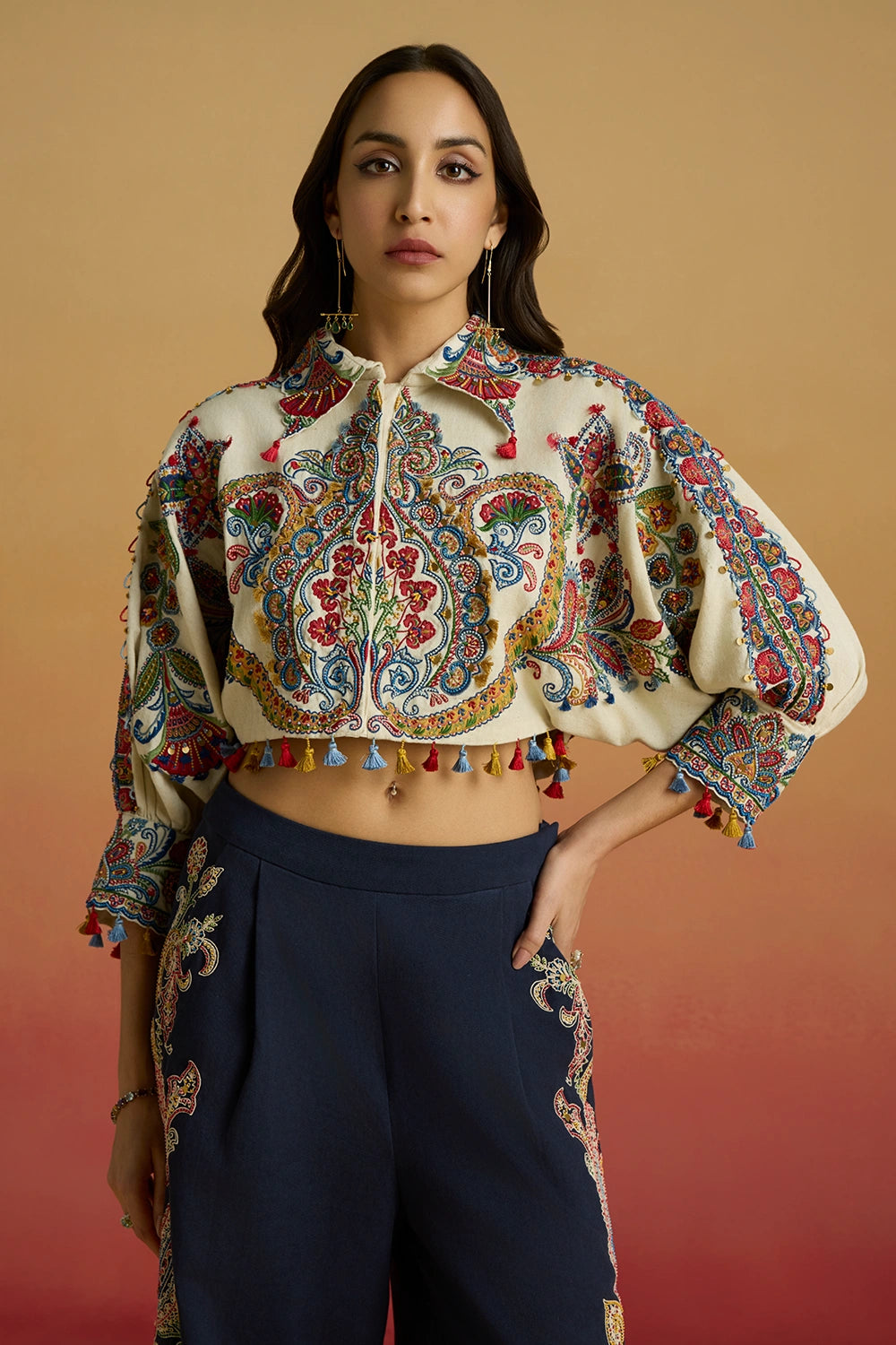Ivory Kimono Bolero Amaryllis Jacket with Contrast Flared Amaryllis Pants